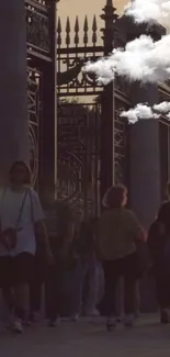 Urban scene with people, gates, and surreal clouds.