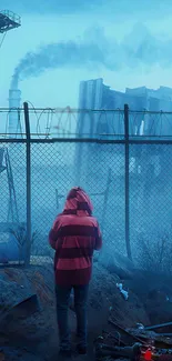 Lone figure in hoodie near industrial fence in a blue mist.