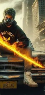 Masked warrior with flame sword on car in dystopian cityscape.