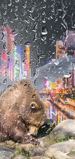 Surreal winged bear on urban neon city backdrop.