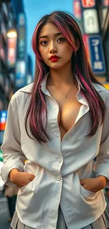 Fashionable person in urban street at night.