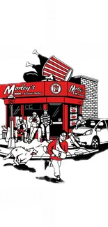 Illustration of a colorful urban fast food scene with vivid red accents.