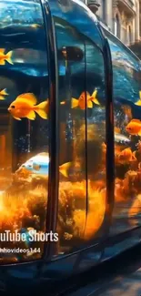 Orange fish swim in a street aquarium.