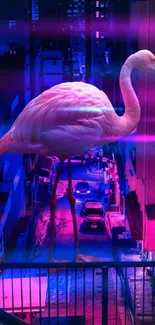 Flamingo in neon-lit urban nightscape