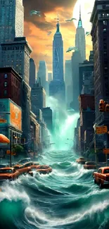 Dynamic urban city with waves crashing through buildings against an orange sky.
