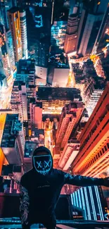 Futuristic cityscape with neon lights viewed from above.