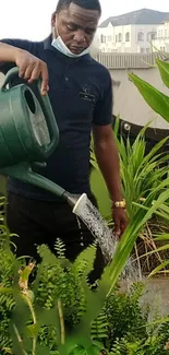 Person watering plants on a rooftop garden, embracing urban greenery.