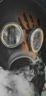 Gas mask reflecting cityscape with smoke in urban scene.