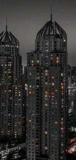 Night cityscape with lit skyscrapers in monochrome tones.