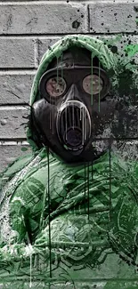 Graffiti art featuring a gas mask figure on a brick wall background.