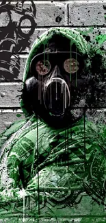 Graffiti art with green gas mask figure on brick wall background.