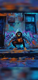 Hooded figure in graffiti alley with vibrant colors.