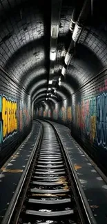 Graffiti-filled train tunnel with vibrant colors and mysterious ambiance.