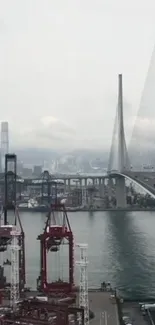 Urban harbor with prominent bridge and city skyline.