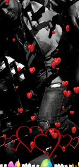 Black and white wallpaper with vibrant red hearts and urban style.