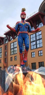 Superhero statue in urban modern setting with architectural backdrop.