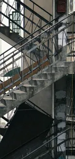 Urban industrial staircase with geometric patterns and concrete textures.