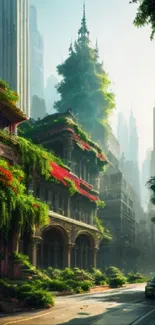 Lush greenery enveloping urban skyscrapers in a serene cityscape wallpaper.