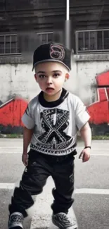 Stylish kid standing against urban graffiti wall.