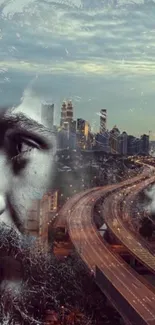 Double exposure of man's portrait with urban cityscape.