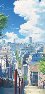 Anime-style urban cityscape with blue skies and greenery.