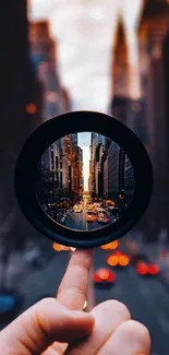 A city street viewed through a circular lens, enhancing urban details.