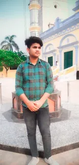 Young man standing in front of historic building, vibrant urban setting.