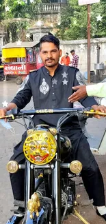 Man riding a stylish motorcycle in an urban setting.