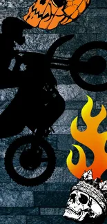 Motorcycle silhouette with flames and skulls on a textured stone background.