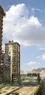 Overgrown city buildings under a blue sky with clouds and crescent moon.