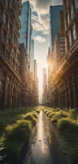 Urban landscape with greenery and sunlit buildings.