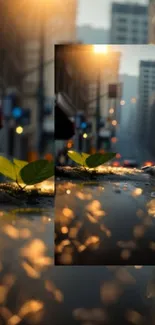 Leaf on city street, blending nature and urban life.