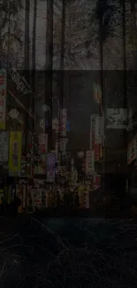 Dark forest with vibrant neon lights in an urban street scene.