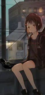 Anime character sitting on urban rooftop at night with dark hues.