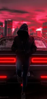 Hooded figure leaning against a red-lit car with city skyline.