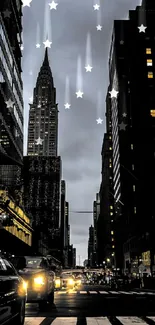 Night cityscape with illuminated skyscrapers and street traffic.