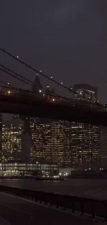 Nighttime urban cityscape with bridge and glowing lights.