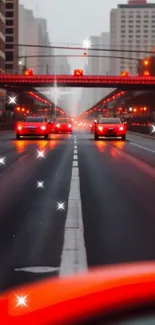 Night city drive with red cars and glowing street lights.