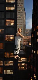 Man standing mid-air between city buildings at night.