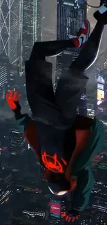 Superhero in dynamic pose over vibrant night cityscape.