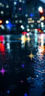 Moody urban nightscape with rainy reflections and vibrant city lights.