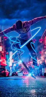 Person jumps with neon light trails in a vibrant city street at night.