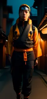 Ninja in urban night setting with vibrant colors and traditional attire.