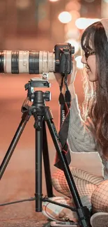 Woman photographer with camera on urban street at night.