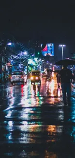 Night city street with rain reflections and vibrant urban lights.