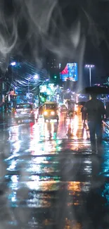 Rainy urban street scene with vibrant reflections and city lights at night.