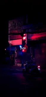 Urban night scene with neon lights and a motorbike on a dimly lit street.