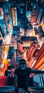 A mysterious figure overlooking a vibrant urban night skyline.