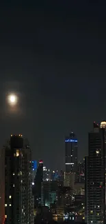 Moonlit urban skyline with towering city buildings at night, serene ambiance.