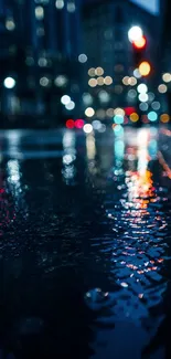 Wet urban street at night with colorful reflections and bokeh lights.